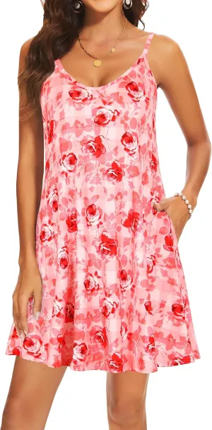 AM CLOTHES Summer Causal Dresses for Women Beach Cover Ups Mini Sundress Spaghetti Strap V-Neck with Pockets