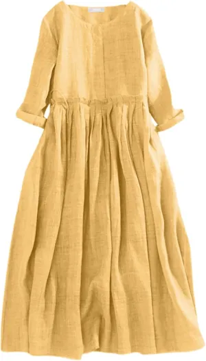 Aniywn Womens Summer Dresses 2025 Trendy Vacation Cotton Linen Maxi Button Plus Size A Line Dress Trendy 3/4 Sleeve Dress