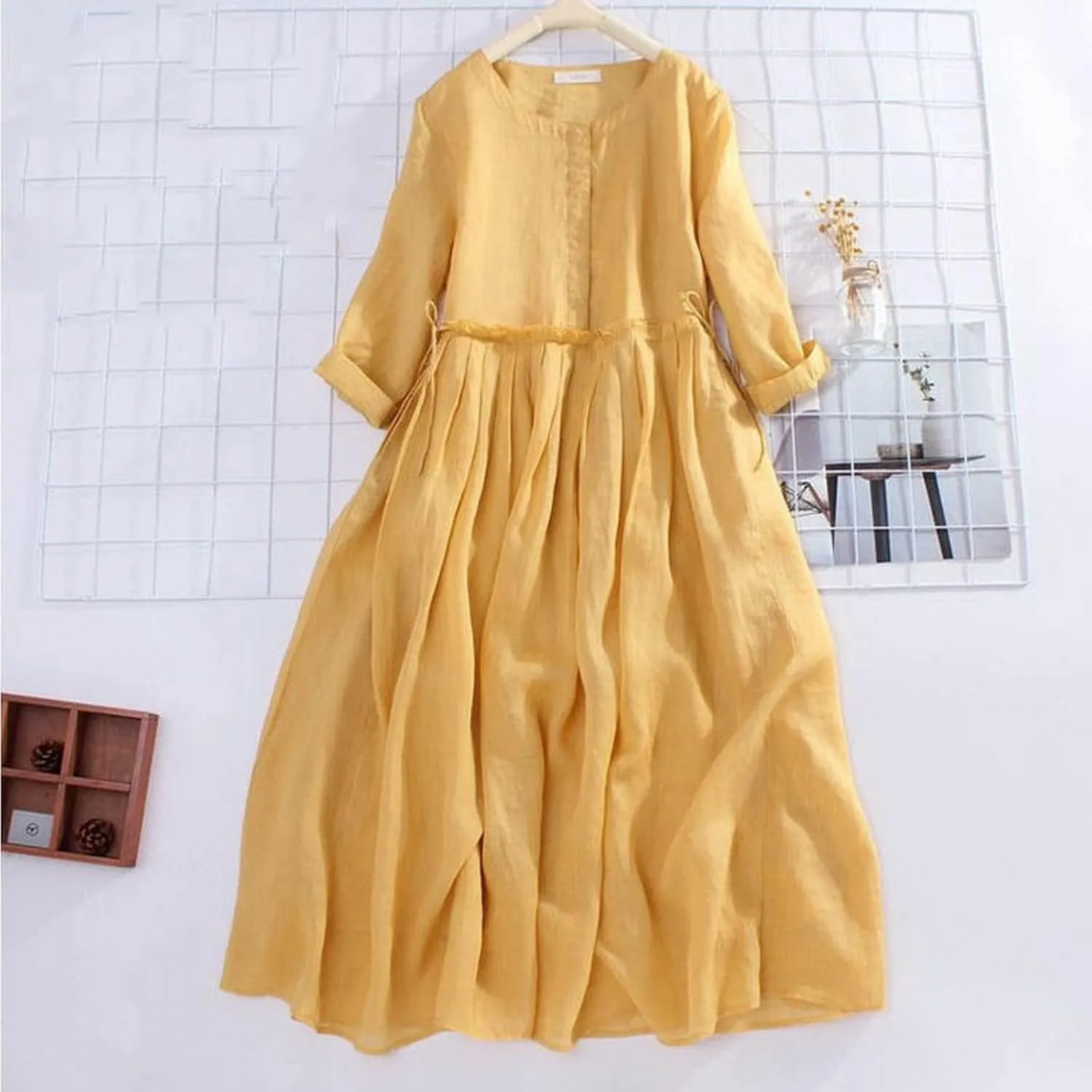 Aniywn Womens Summer Dresses 2025 Trendy Vacation Cotton Linen Maxi Button Plus Size A Line Dress Trendy 3/4 Sleeve Dress