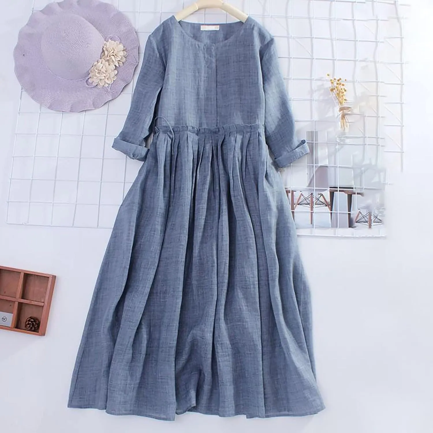 Aniywn Womens Summer Dresses 2025 Trendy Vacation Cotton Linen Maxi Button Plus Size A Line Dress Trendy 3/4 Sleeve Dress