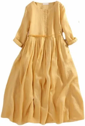Aniywn Womens Summer Dresses 2025 Trendy Vacation Cotton Linen Maxi Button Plus Size A Line Dress Trendy 3/4 Sleeve Dress