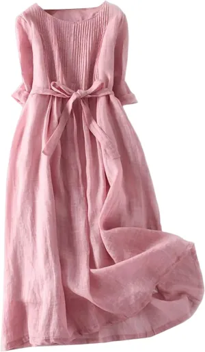 Aniywn Womens Summer Dresses 2025 Trendy Vacation Cotton Linen Maxi Button Plus Size A Line Dress Trendy 3/4 Sleeve Dress