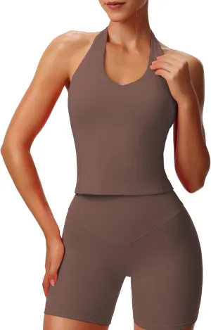 Aoxjox Women's Sleeveless Neck Tank Tops Workout Athletics Gym Yoga Curve Longline Hailey Halter Crop Top