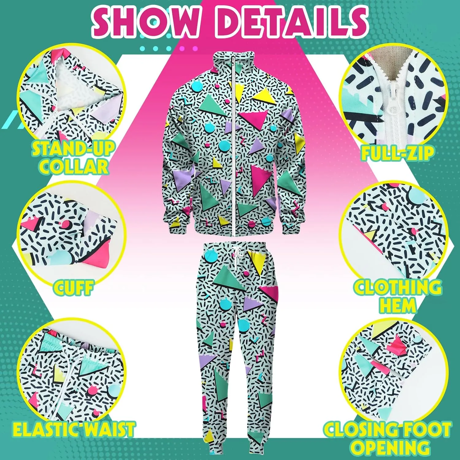 Arssm Retro 80s 90s Outfit Sets for Men Vintage Jacket and Joggers Sweatpants 80s Tracksuit Streetwear