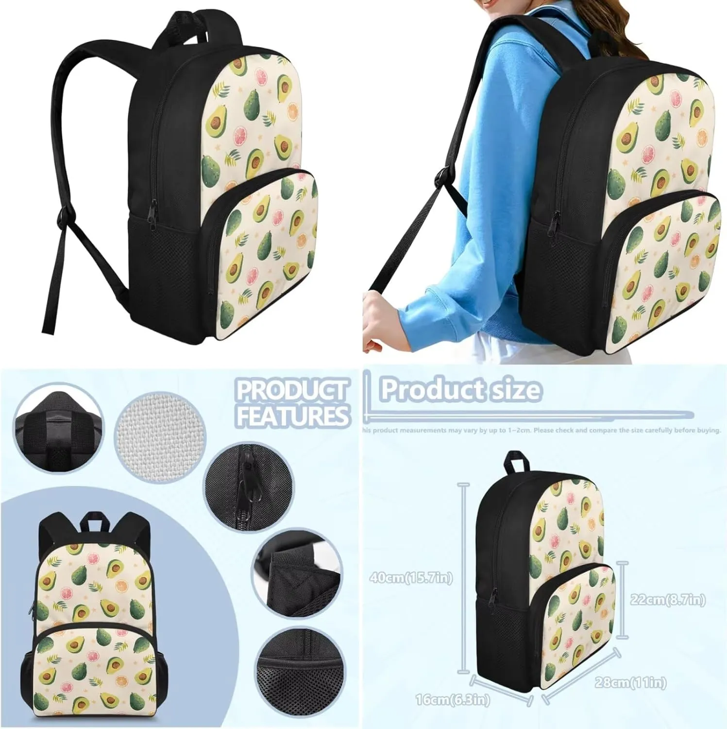 Avocado Dinosaur Backpack for Kids, Boys Preschool Backpacks with Lunch Box and Pencil Box Toddler Kindergarten School Bookbag Set Books and Stationery Storage Bag