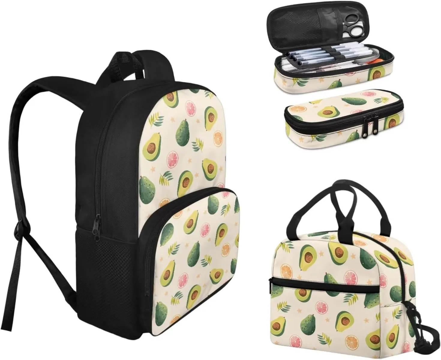 Avocado Dinosaur Backpack for Kids, Boys Preschool Backpacks with Lunch Box and Pencil Box Toddler Kindergarten School Bookbag Set Books and Stationery Storage Bag