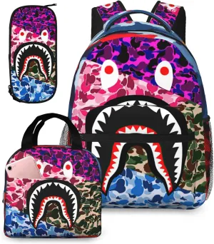 Backpack Shark Teeth Camo Backpacks Set with Lunch Box Pencil Case Travel Laptop Daypack Big Capacity Bookbag Fashion Durable Back Pack MultipleColour