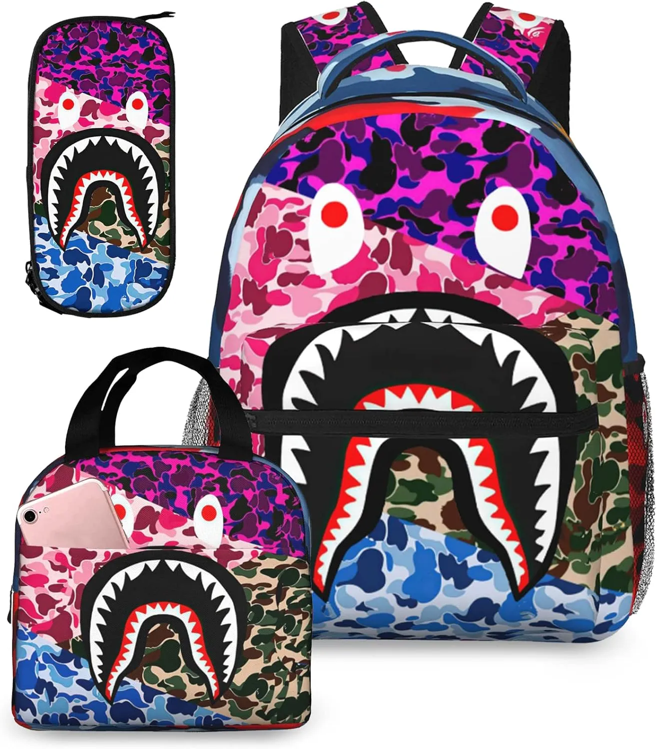Backpack Shark Teeth Camo Backpacks Set with Lunch Box Pencil Case Travel Laptop Daypack Big Capacity Bookbag Fashion Durable Back Pack MultipleColour