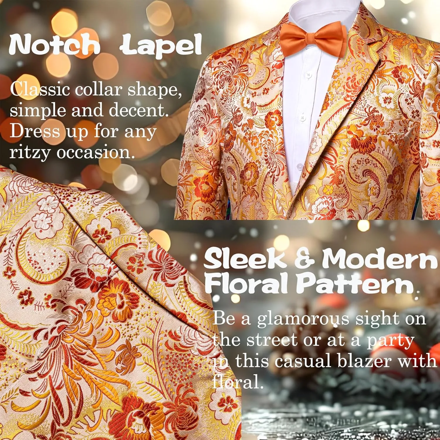 Barry.Wang Mens Floral Blazer Notched Lapel Suit Jacket Flowers Tuxedo Party Christmas Holiday Cruise Coat