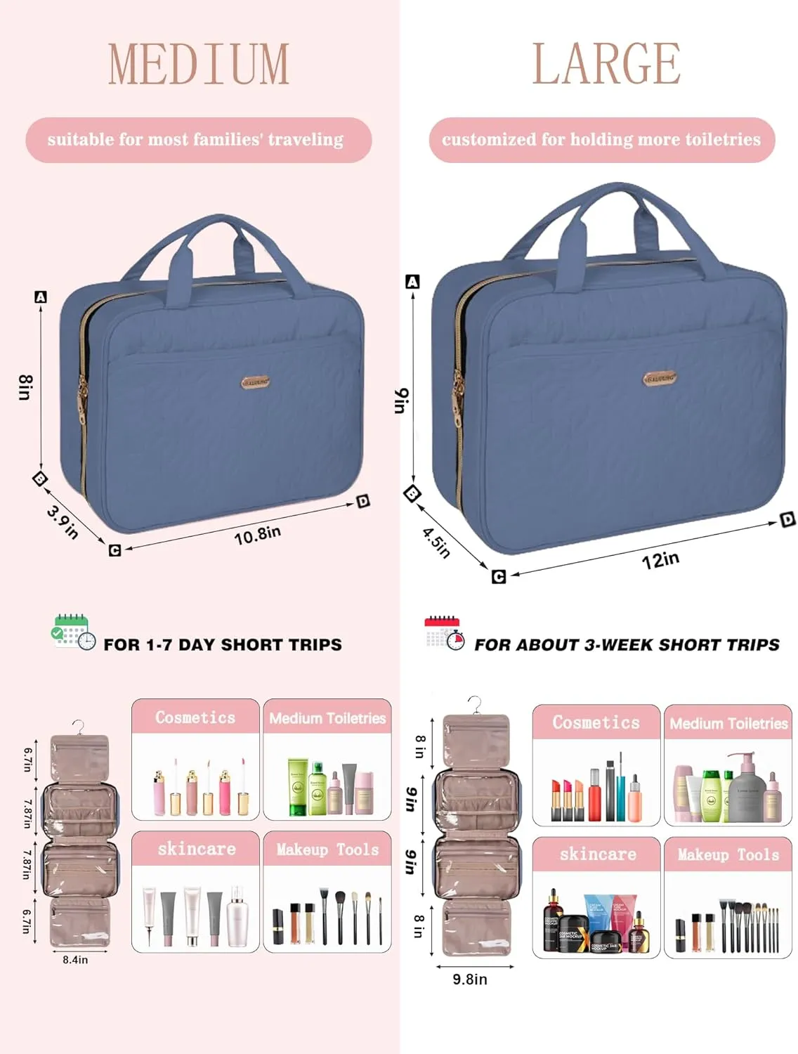 Blue Toiletry Bag, Makeup Organizer, Travel Bag For Women Mens Toiletries, Waterproof with Hanging Hook, Large Capacity