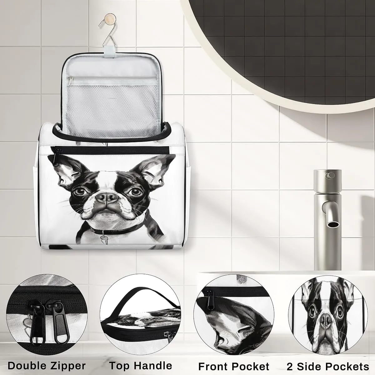 Boston Terrier Dog Travel Toiletry Bag for Women Large Capacity Wide-open Makeup Organizer Cosmetic Travel Bags for Toiletries