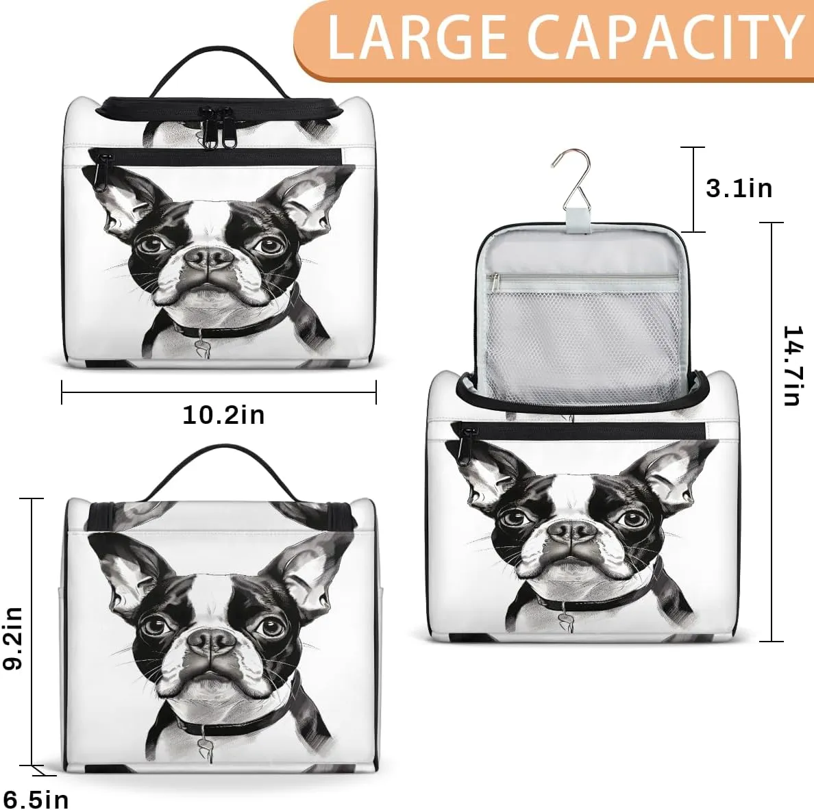 Boston Terrier Dog Travel Toiletry Bag for Women Large Capacity Wide-open Makeup Organizer Cosmetic Travel Bags for Toiletries