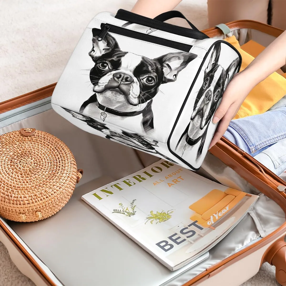 Boston Terrier Dog Travel Toiletry Bag for Women Large Capacity Wide-open Makeup Organizer Cosmetic Travel Bags for Toiletries