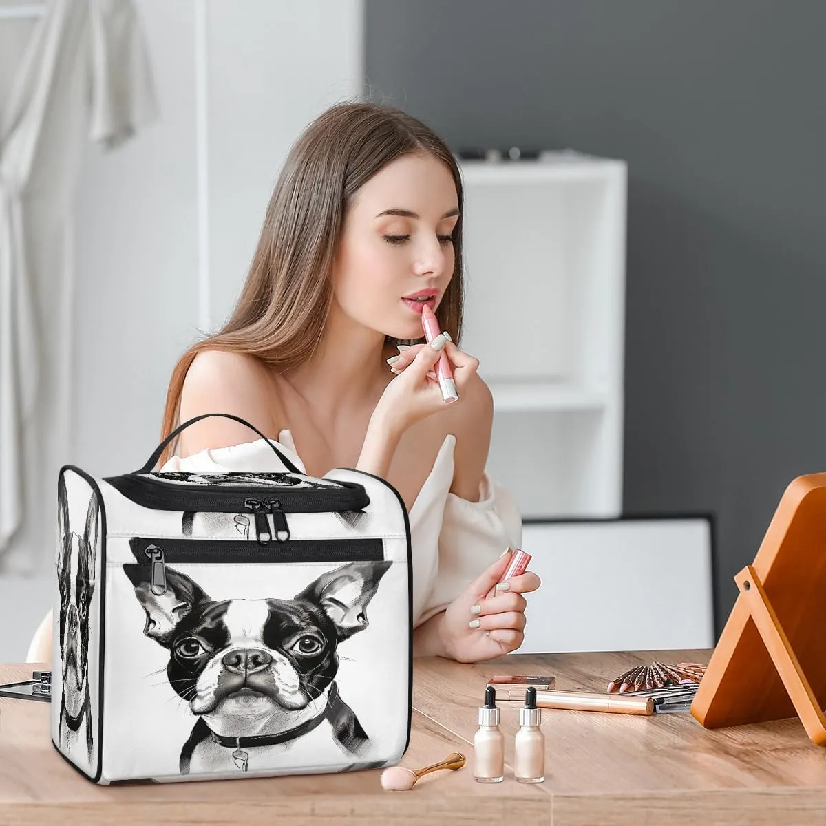 Boston Terrier Dog Travel Toiletry Bag for Women Large Capacity Wide-open Makeup Organizer Cosmetic Travel Bags for Toiletries