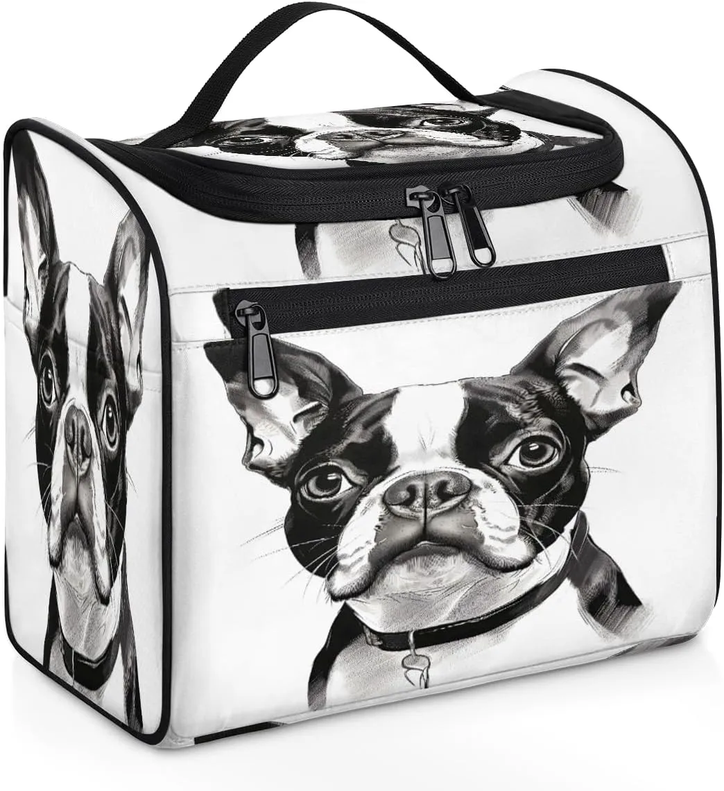 Boston Terrier Dog Travel Toiletry Bag for Women Large Capacity Wide-open Makeup Organizer Cosmetic Travel Bags for Toiletries