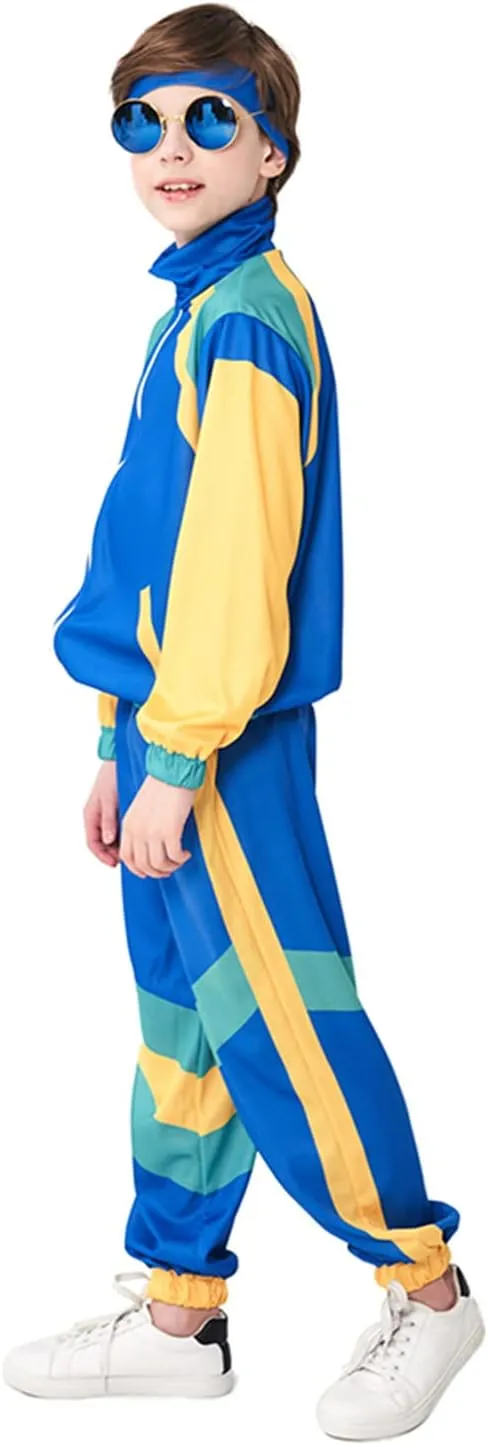 Boys 80s Tracksuit Kids Hip Hop Costume Top Pants Sets Outfit Retro Dance Sportswear