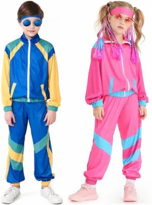Boys 80s Tracksuit Kids Hip Hop Costume Top Pants Sets Outfit Retro Dance Sportswear