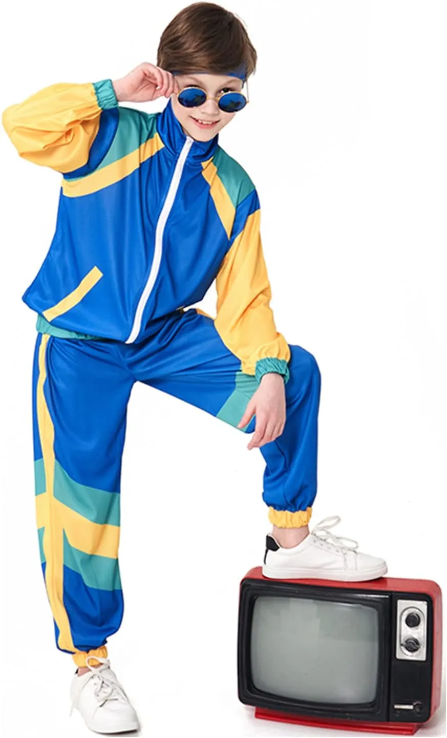 Boys 80s Tracksuit Kids Hip Hop Costume Top Pants Sets Outfit Retro Dance Sportswear