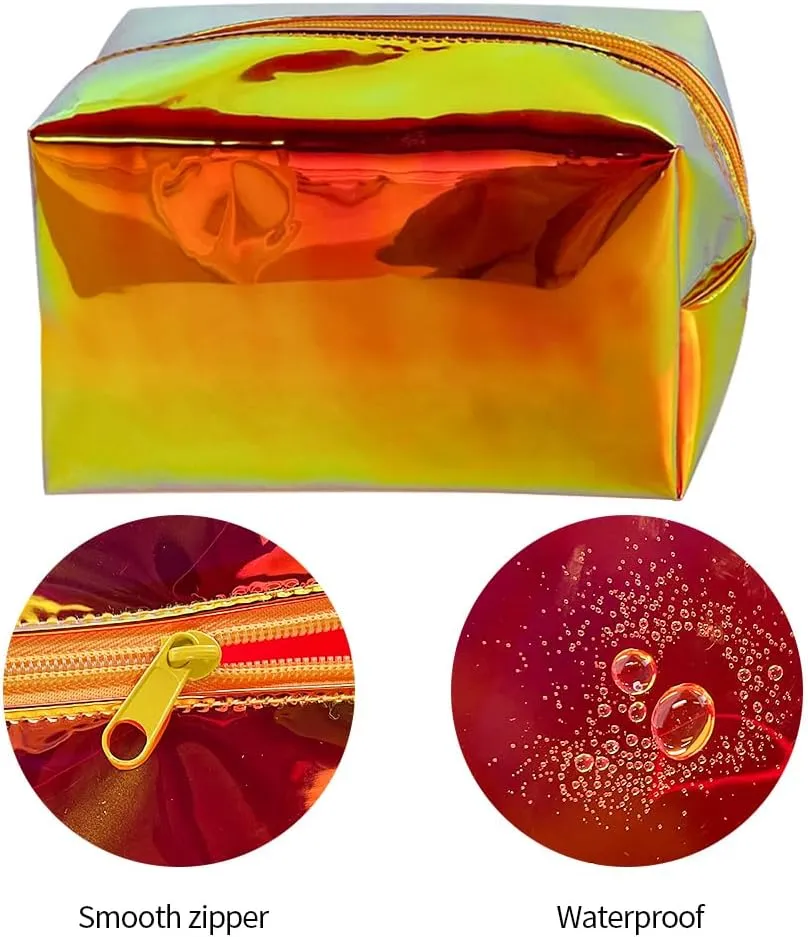 Brown Holographic PVC Cosmetic Toiletry Bag Laser Waterproof Toiletry Organizer Case for Home Office Christmas Gift (Brown)