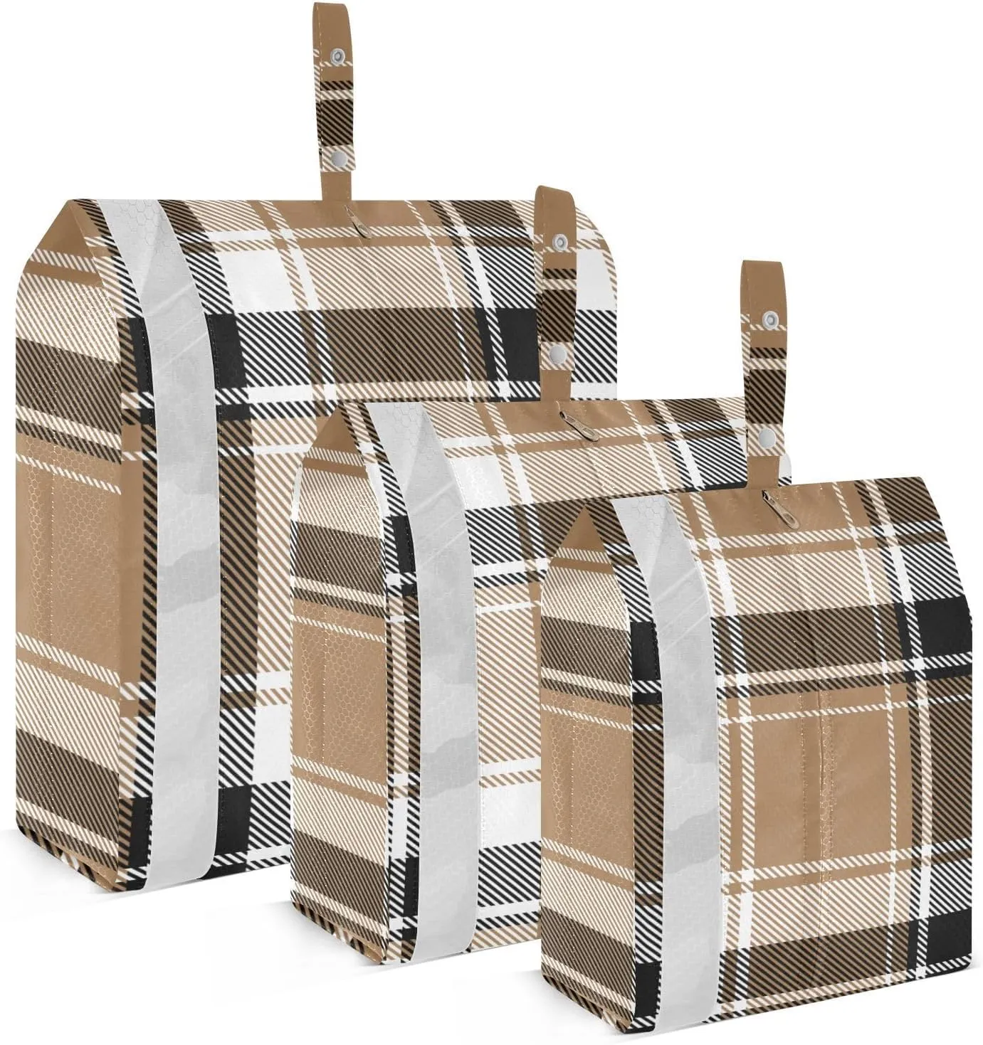 Brown Plaid Packing Cubes Set of 3, Lightweight Travel Luggage Organizers Foldable Bags for Easy Packing and Organization