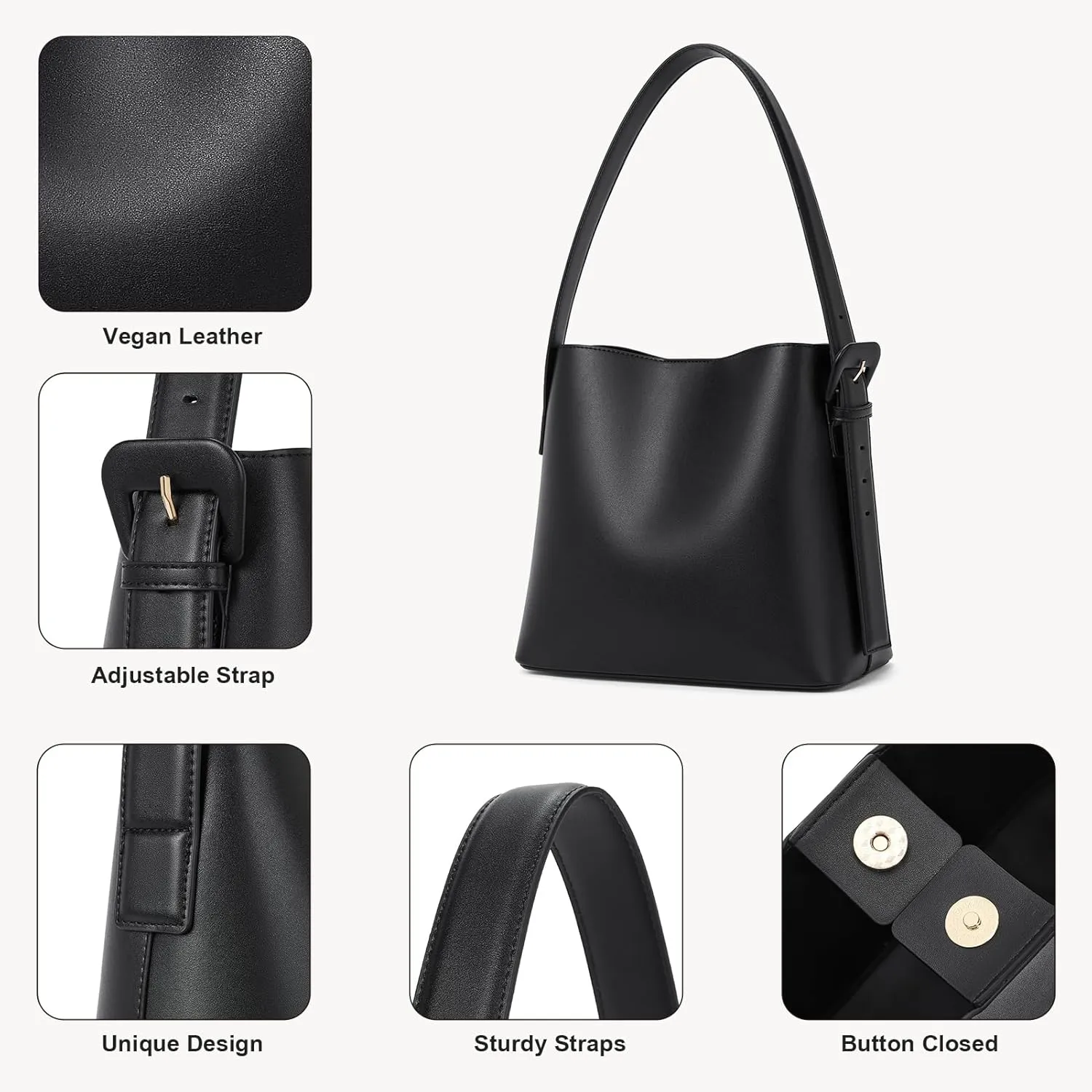 Bucket Bag Leather Shoulder Purses for Women Trendy Adjustable Strap, Black