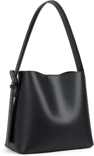 Bucket Bag Leather Shoulder Purses for Women Trendy Adjustable Strap, Black