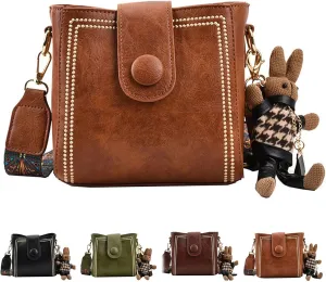Bucket Bag, Vintage Crossbody Bag with Adjustable Wider Shoulder Strap, with Cute Rabbit Pendant.