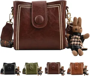 Bucket Bag, Vintage Crossbody Bag with Adjustable Wider Shoulder Strap, with Cute Rabbit Pendant.