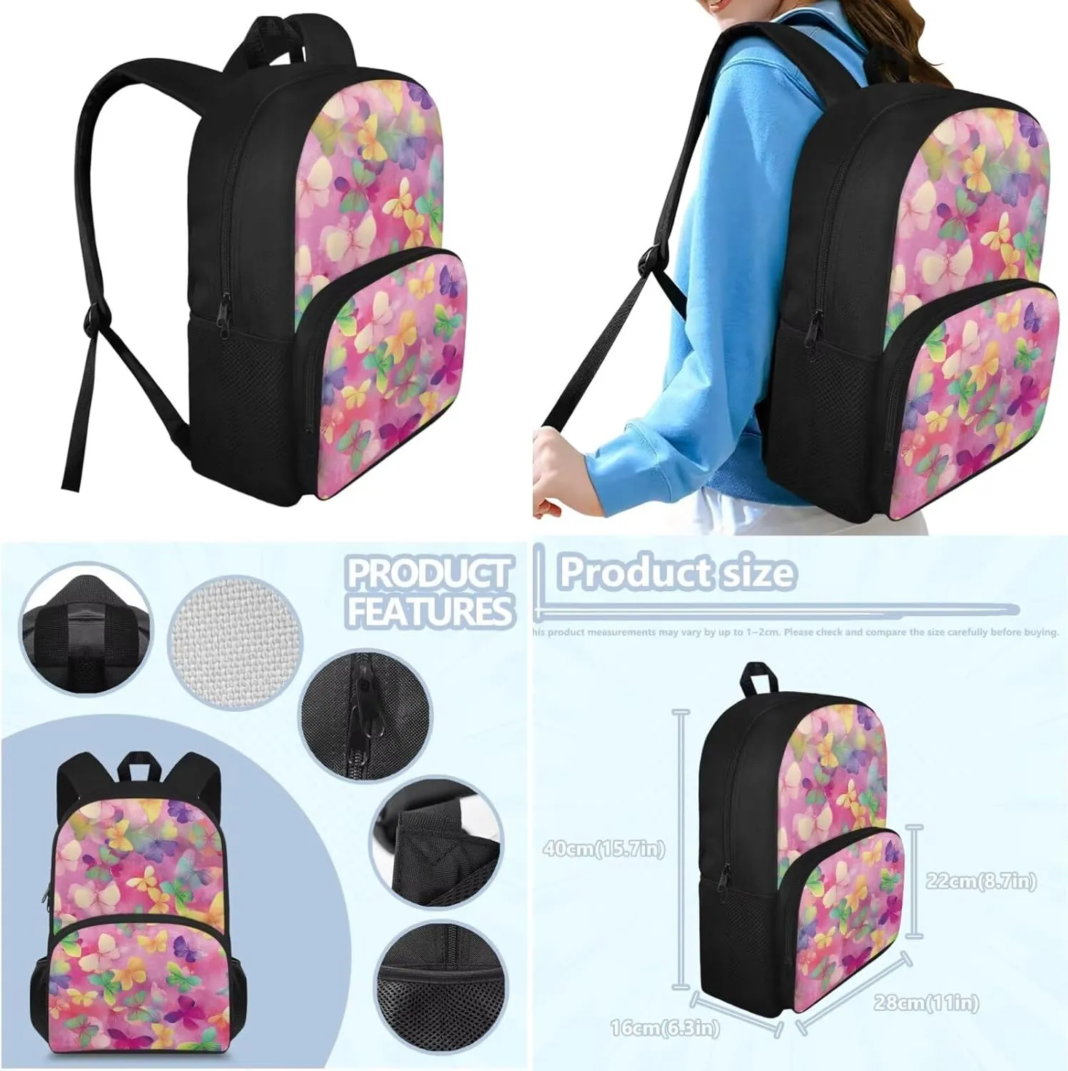 Butterfly Petals Backpack Kids Boy 3Pcs Book Bag for Ruggedly Reinforced Shoulder 15 Inch Schoolbag School Bag for Kids Kindergarten Nursery School Pre-K Elementary School