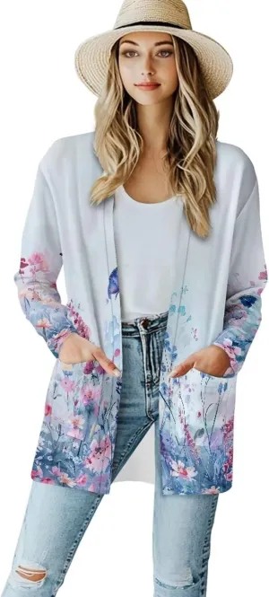 Cardigan Jacket for Women 2024 Casual Long Sleeve Open Front Cardigans with Pocket, S-2XL