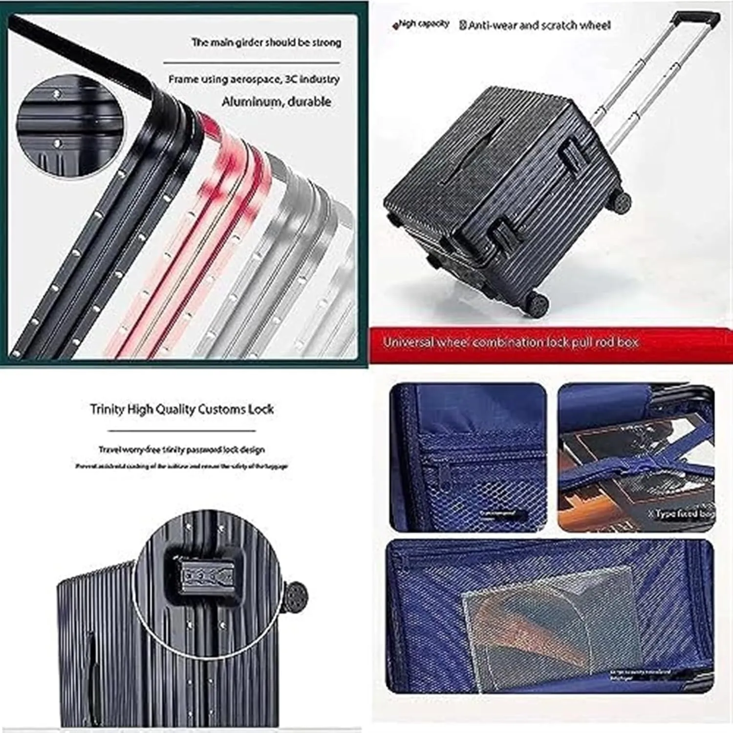 Carry-on Suitcase Luggage Carry On Luggage 20inch Wide Handle Suitcase,Hardshell With Aluminum Frame Spinner Carry-on Suitcases Carry On Luggages (Color : Black, Size : 20inch)