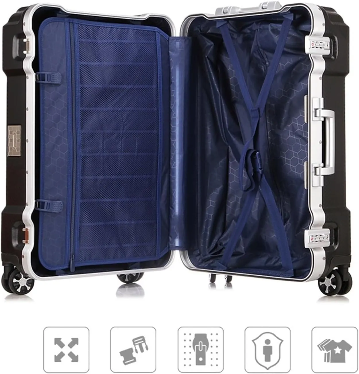 Carry-on Suitcase Luggage Hard Shell Carry On Luggage with Aluminum Frame,No Zipper Suitcase, Combination Lock Carry-on Suitcases Carry On Luggages,Silver-24in (Black 20in)