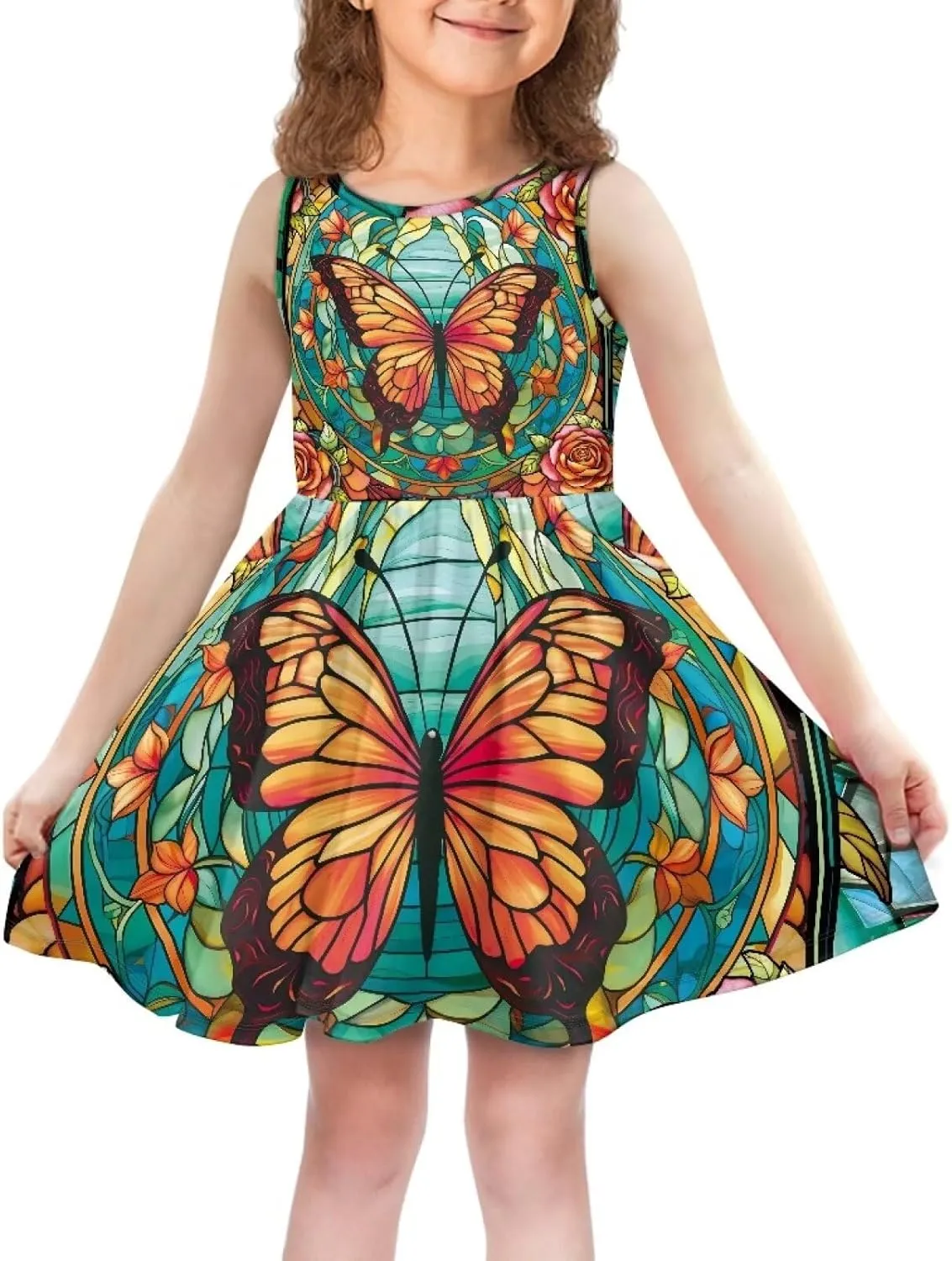 Casual Sleeveless Summer Skater Dress for Girl Loose Swing Cute Print Sundress with Pockets