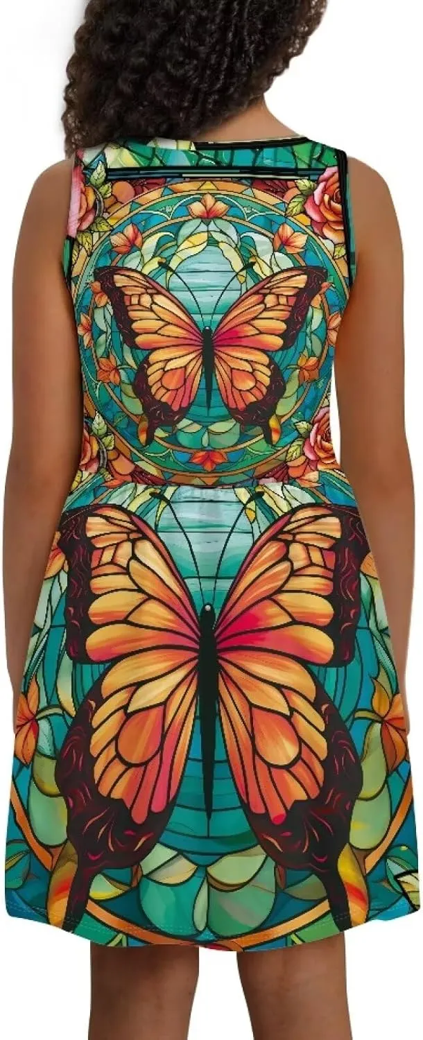 Casual Sleeveless Summer Skater Dress for Girl Loose Swing Cute Print Sundress with Pockets