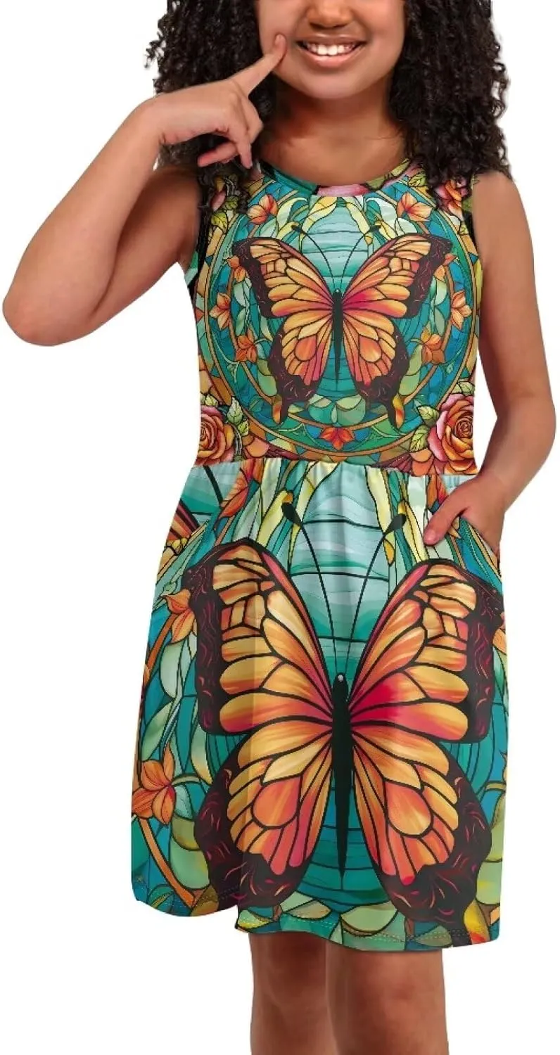 Casual Sleeveless Summer Skater Dress for Girl Loose Swing Cute Print Sundress with Pockets