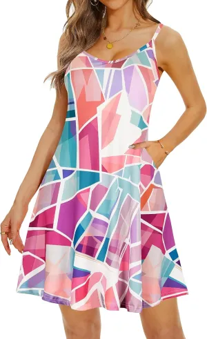 Causal Summer Dresses for Women Mini Beach Sundress Spaghetti Strap Cover Ups with Pockets