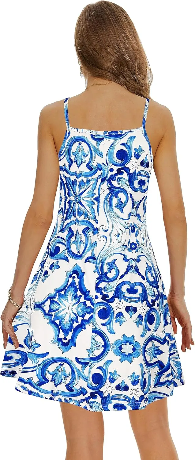 Causal Summer Dresses for Women Mini Beach Sundress Spaghetti Strap Cover Ups with Pockets