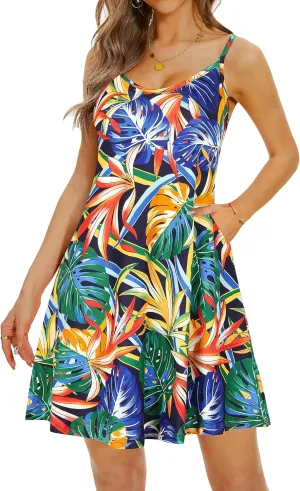 Causal Summer Dresses for Women Mini Beach Sundress Spaghetti Strap Cover Ups with Pockets