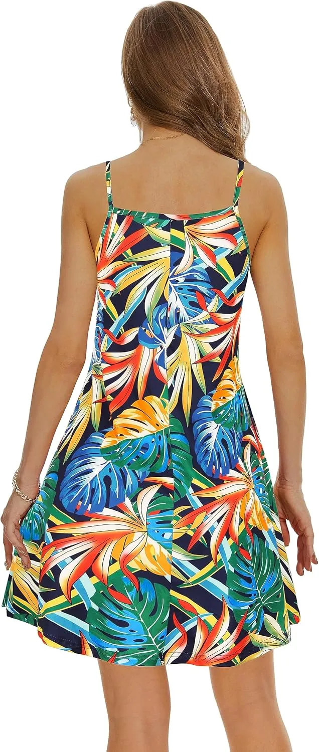 Causal Summer Dresses for Women Mini Beach Sundress Spaghetti Strap Cover Ups with Pockets