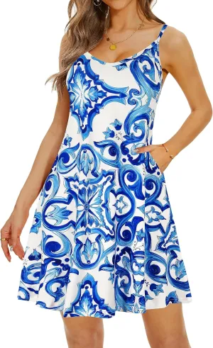 Causal Summer Dresses for Women Mini Beach Sundress Spaghetti Strap Cover Ups with Pockets
