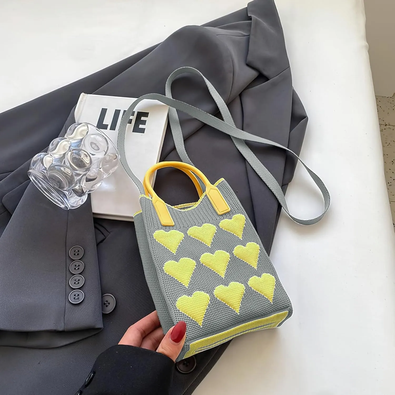 Cell Phone Crossbody Bag for Women Little Crochet Pouch Tote Handbag with Heart Pattern