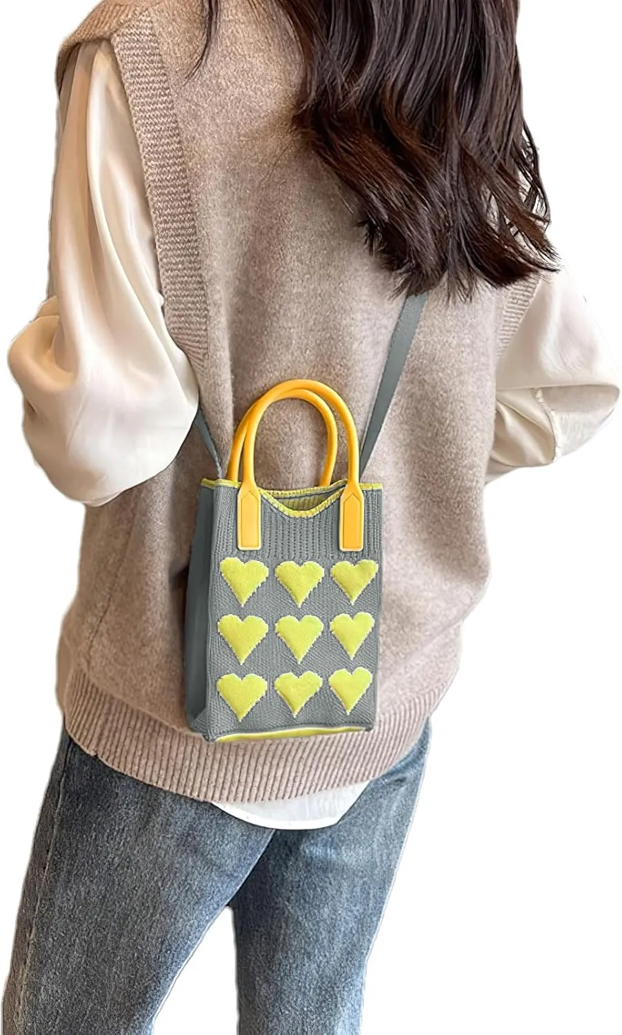 Cell Phone Crossbody Bag for Women Little Crochet Pouch Tote Handbag with Heart Pattern