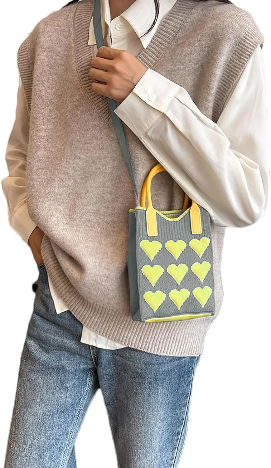 Cell Phone Crossbody Bag for Women Little Crochet Pouch Tote Handbag with Heart Pattern