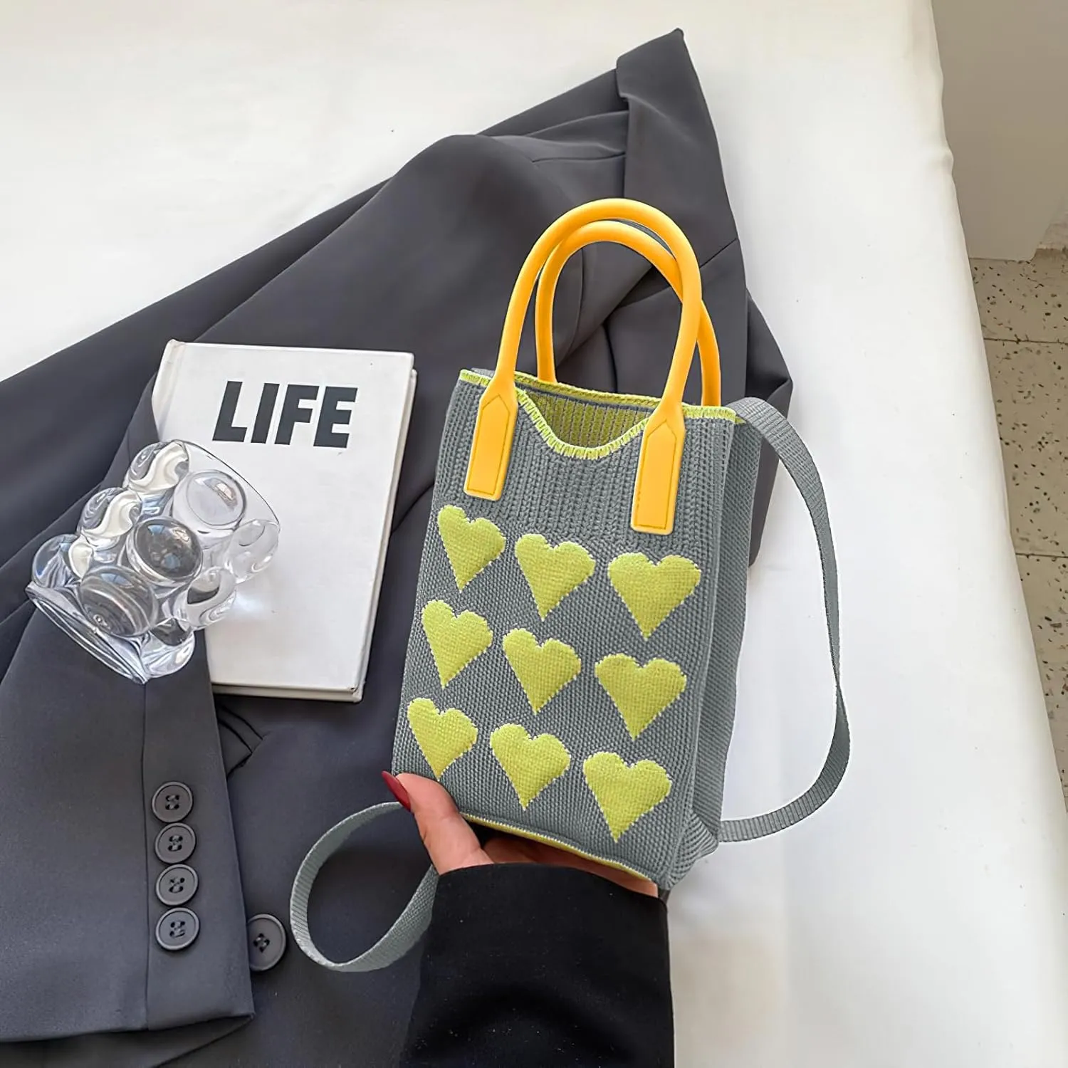 Cell Phone Crossbody Bag for Women Little Crochet Pouch Tote Handbag with Heart Pattern