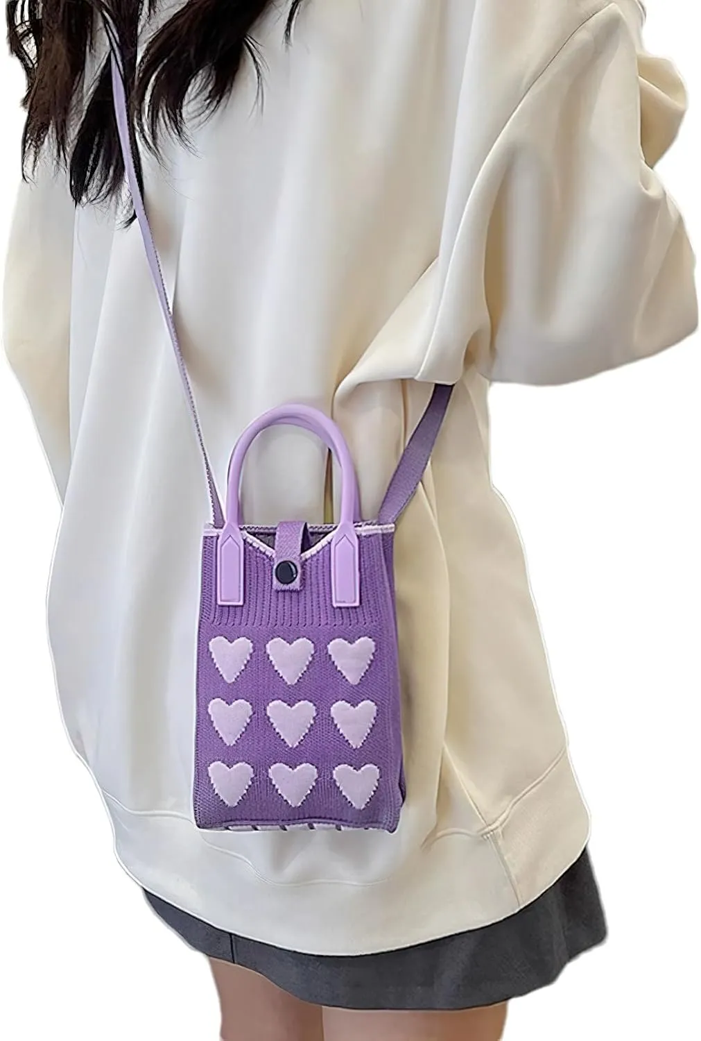 Cell Phone Crossbody Bag for Women with Heart Pattern Little Crochet Pouch Tote Handbag with Buckle