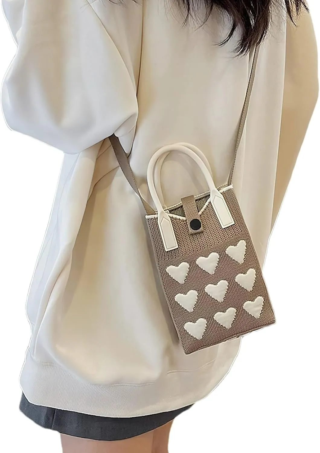 Cell Phone Crossbody Bag for Women with Heart Pattern Little Crochet Pouch Tote Handbag with Buckle