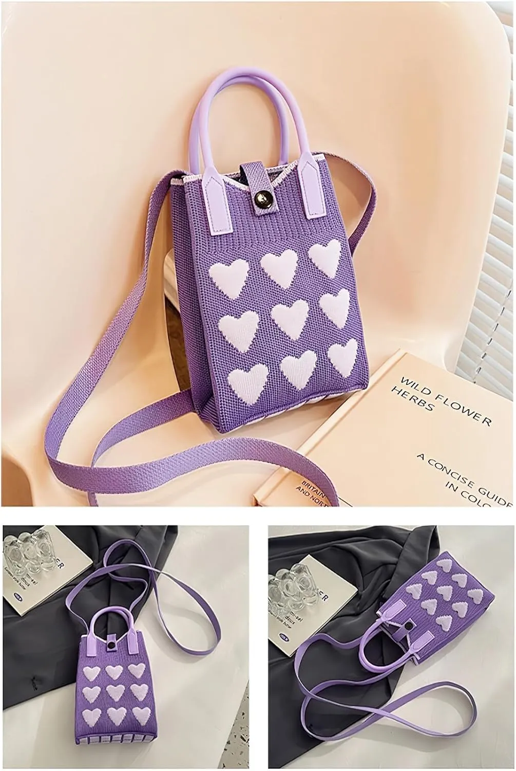 Cell Phone Crossbody Bag for Women with Heart Pattern Little Crochet Pouch Tote Handbag with Buckle