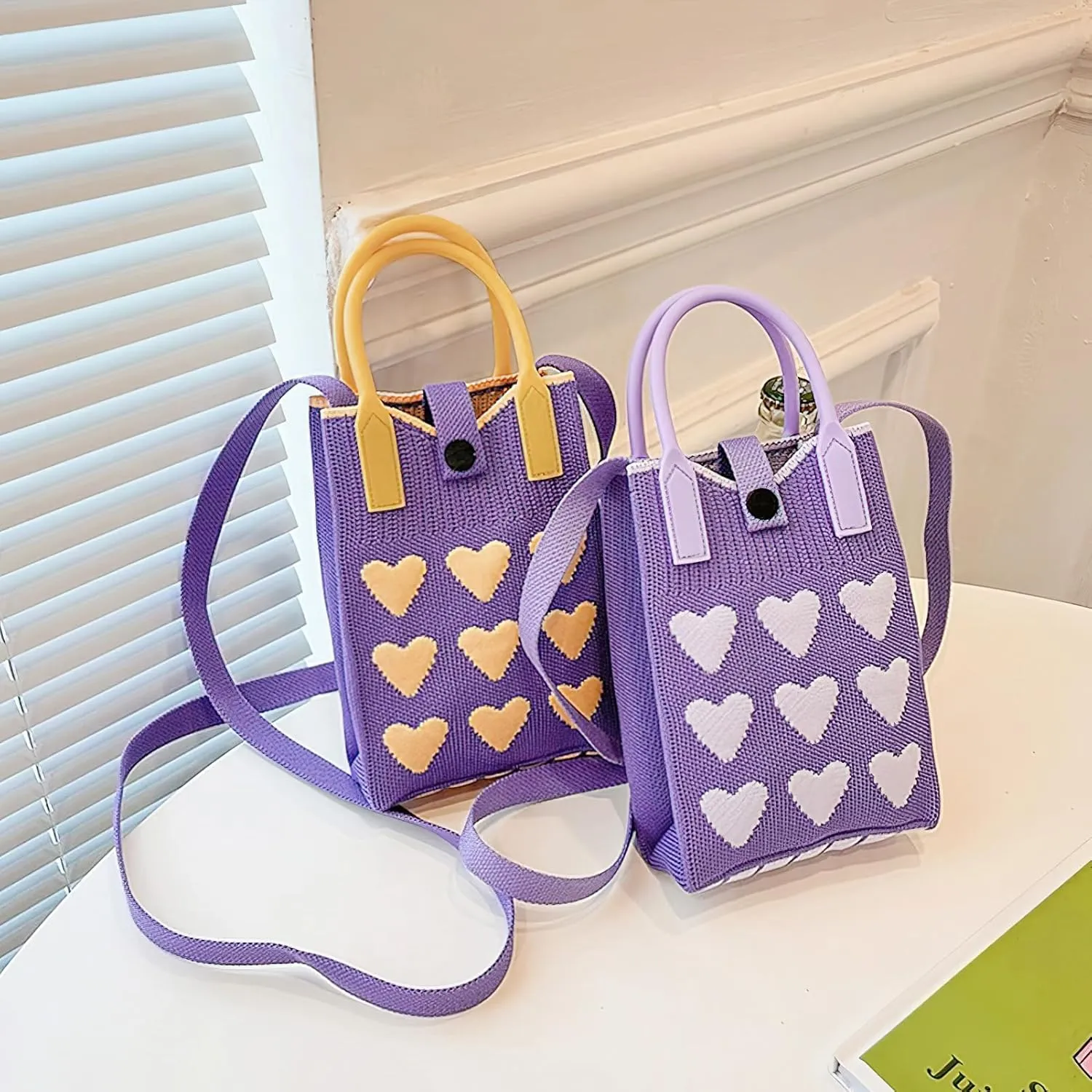 Cell Phone Crossbody Bag for Women with Heart Pattern Little Crochet Pouch Tote Handbag with Buckle