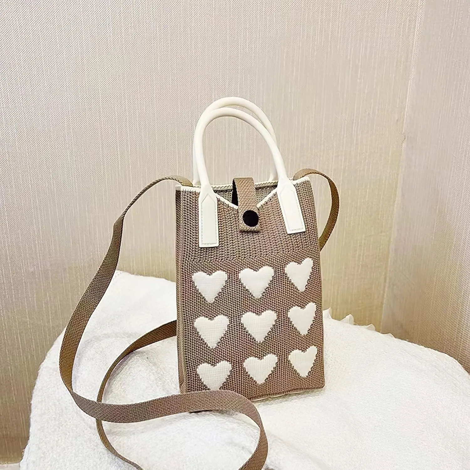 Cell Phone Crossbody Bag for Women with Heart Pattern Little Crochet Pouch Tote Handbag with Buckle