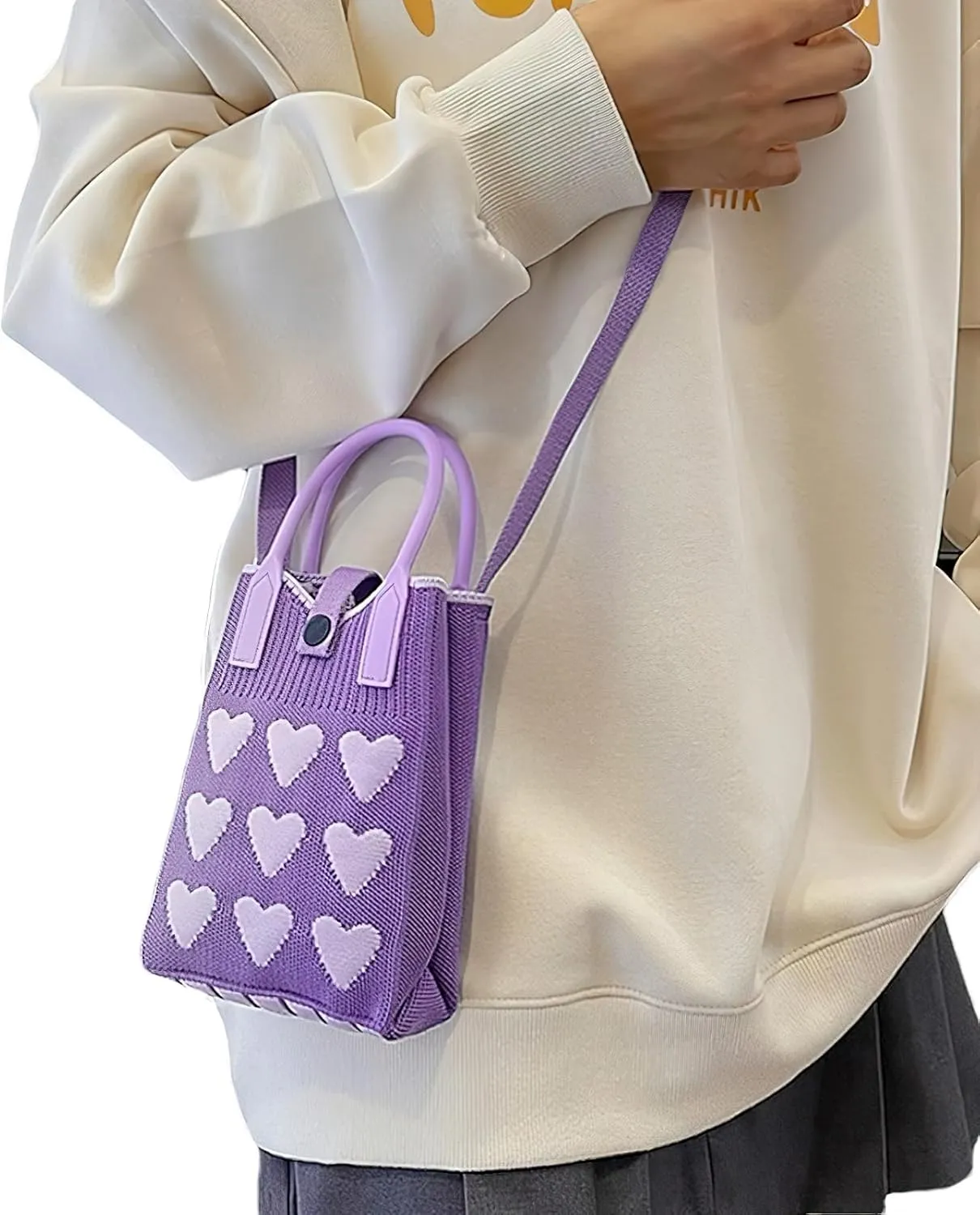 Cell Phone Crossbody Bag for Women with Heart Pattern Little Crochet Pouch Tote Handbag with Buckle
